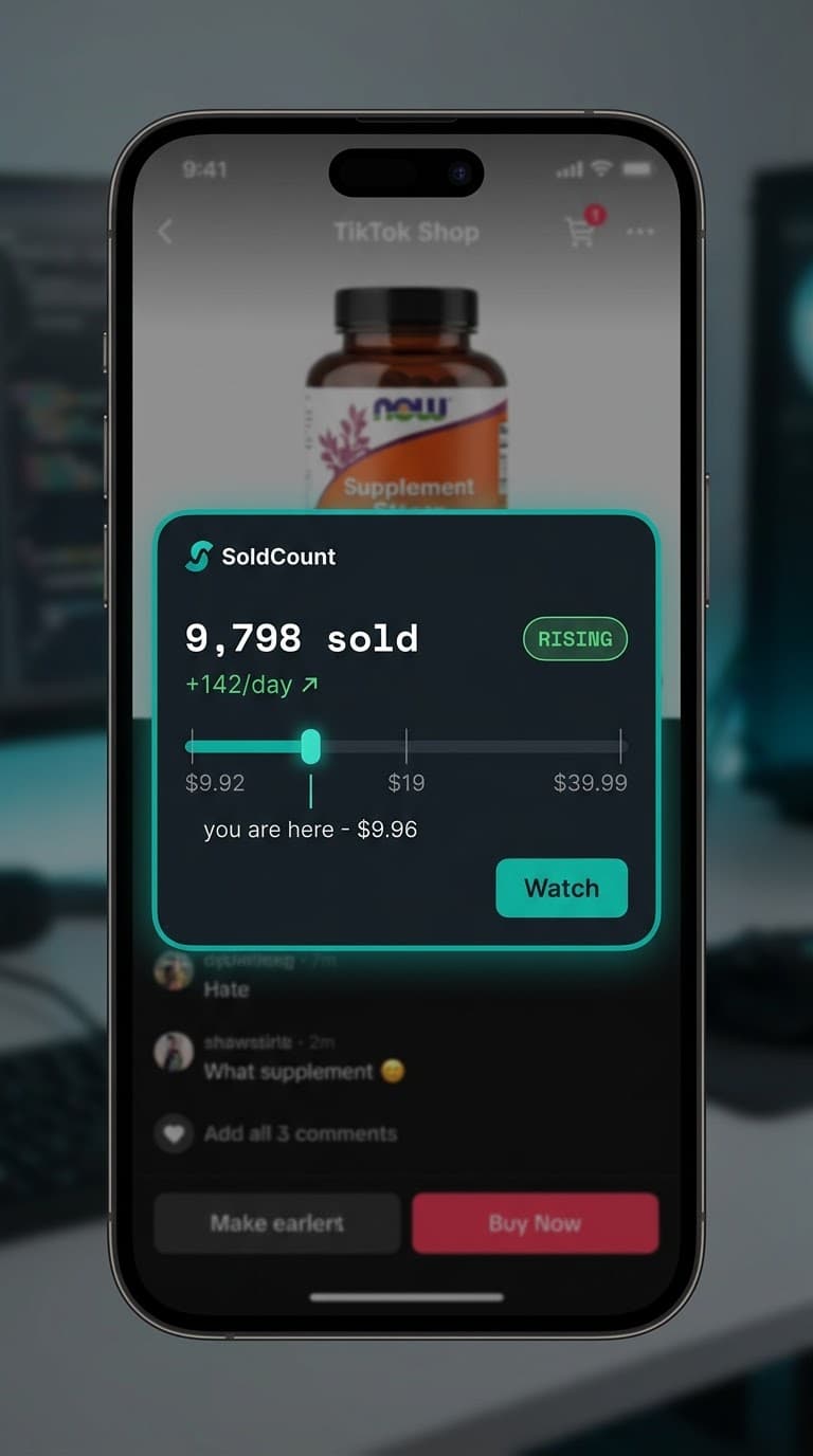 The SoldCount overlay on a TikTok Shop product page: 9,798 sold, RISING at +142/day, price spread $9.92 to $39.99, you are here at $9.96.