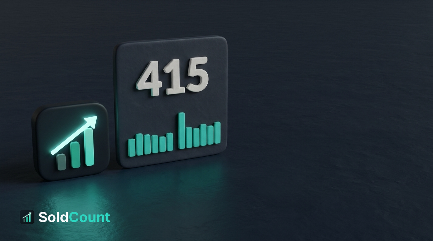 A lit SoldCount card stands next to the glowing mark on a dark stage, with no other objects present.