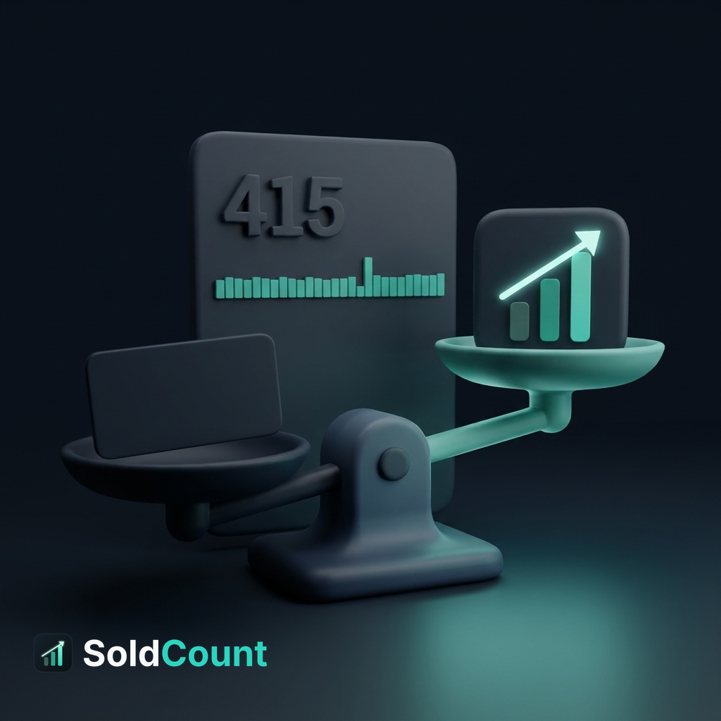 A balance scale tips down on the side holding a rival card, while the SoldCount mark glows on the raised, lit side.