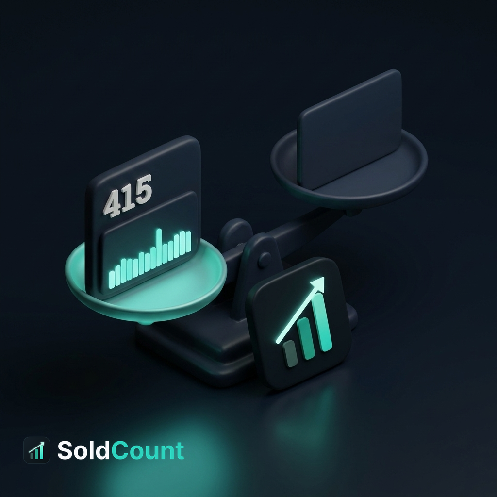 A balance scale tips toward the SoldCount card, which is lit, while the rival card sits higher and unlit on the opposite pan.