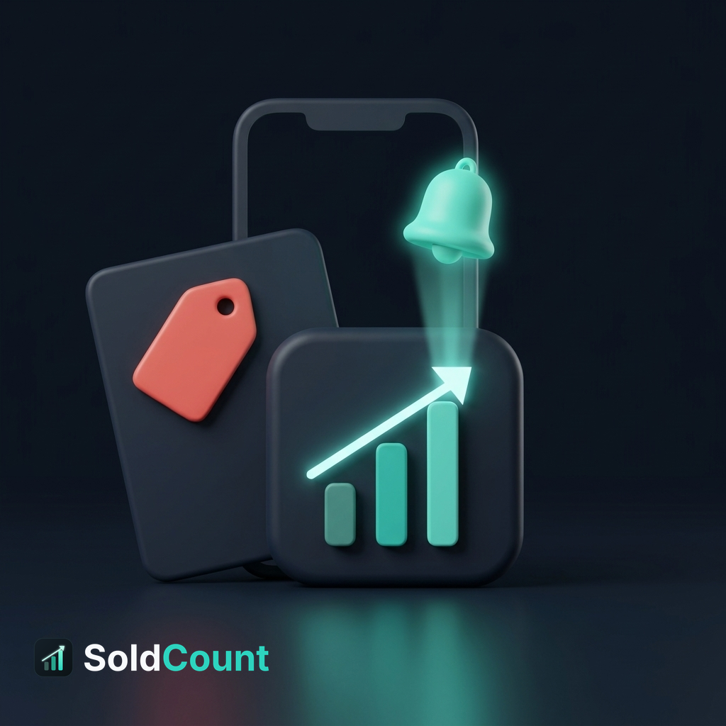 A watched rival listing moves and the alert comes to you: a plain rival listing with a red price tag, the SoldCount mark with a beam of light rising from it to a glowing bell, and a phone outline behind the scene.