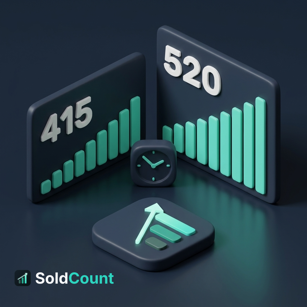 The same listing checked twice: two SoldCount cards side by side, the later one with the higher sold count and the longer bars, a clock between them for the time that passed, and the SoldCount mark in front.