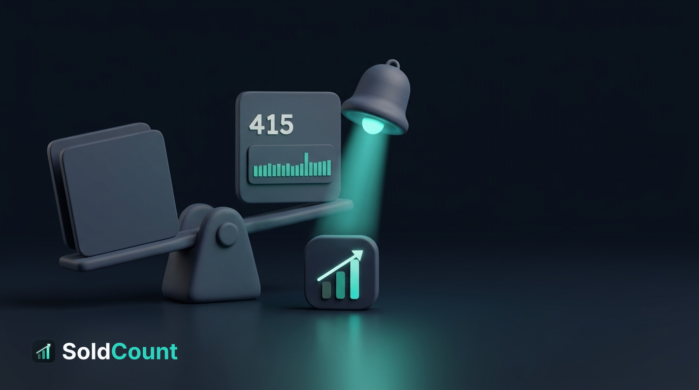 Portal or push: two stacked rival listings weigh down one side of a balance, while on the other side the SoldCount mark sends a beam of light up to a glowing bell, with the SoldCount card and its sold count behind it.
