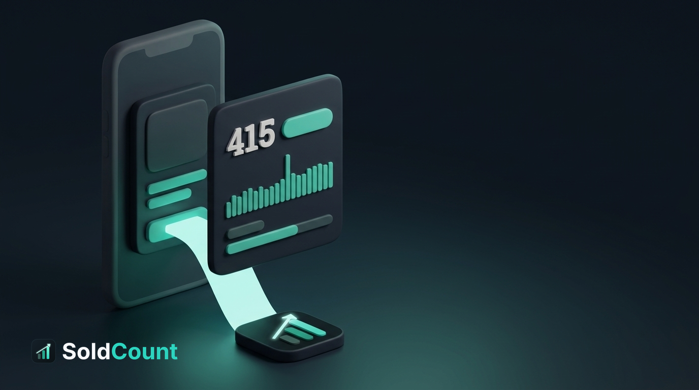 Rival numbers read straight off the public listing page: a phone outline holds a plain listing, and a beam of light runs from the listing into the SoldCount card in front of it, which shows its sold count and bars, with the SoldCount mark at the foot of the beam.