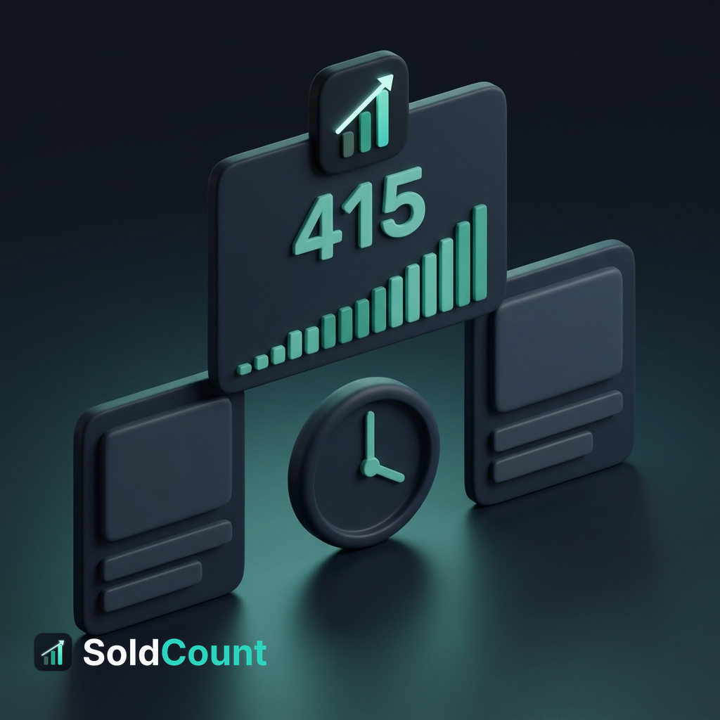 Two readings of the same public counter: the same plain listing card twice, a clock between them for the days that passed, and above them the SoldCount card, capped by the SoldCount mark, whose bars step up from the first listing to the second.