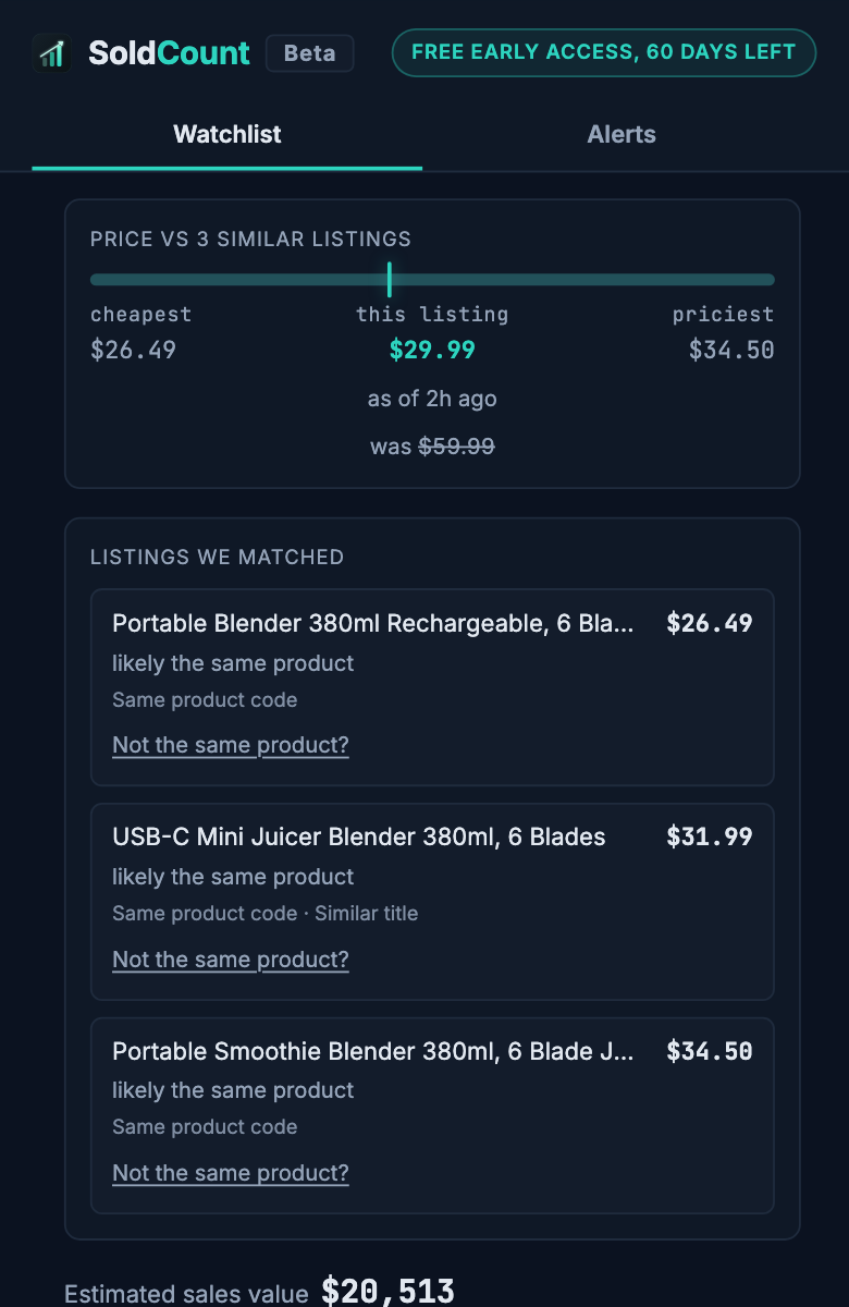 The side panel showing the price range rail with this listing marked on it, and under it the list of rival listings with their prices and why each one matched.