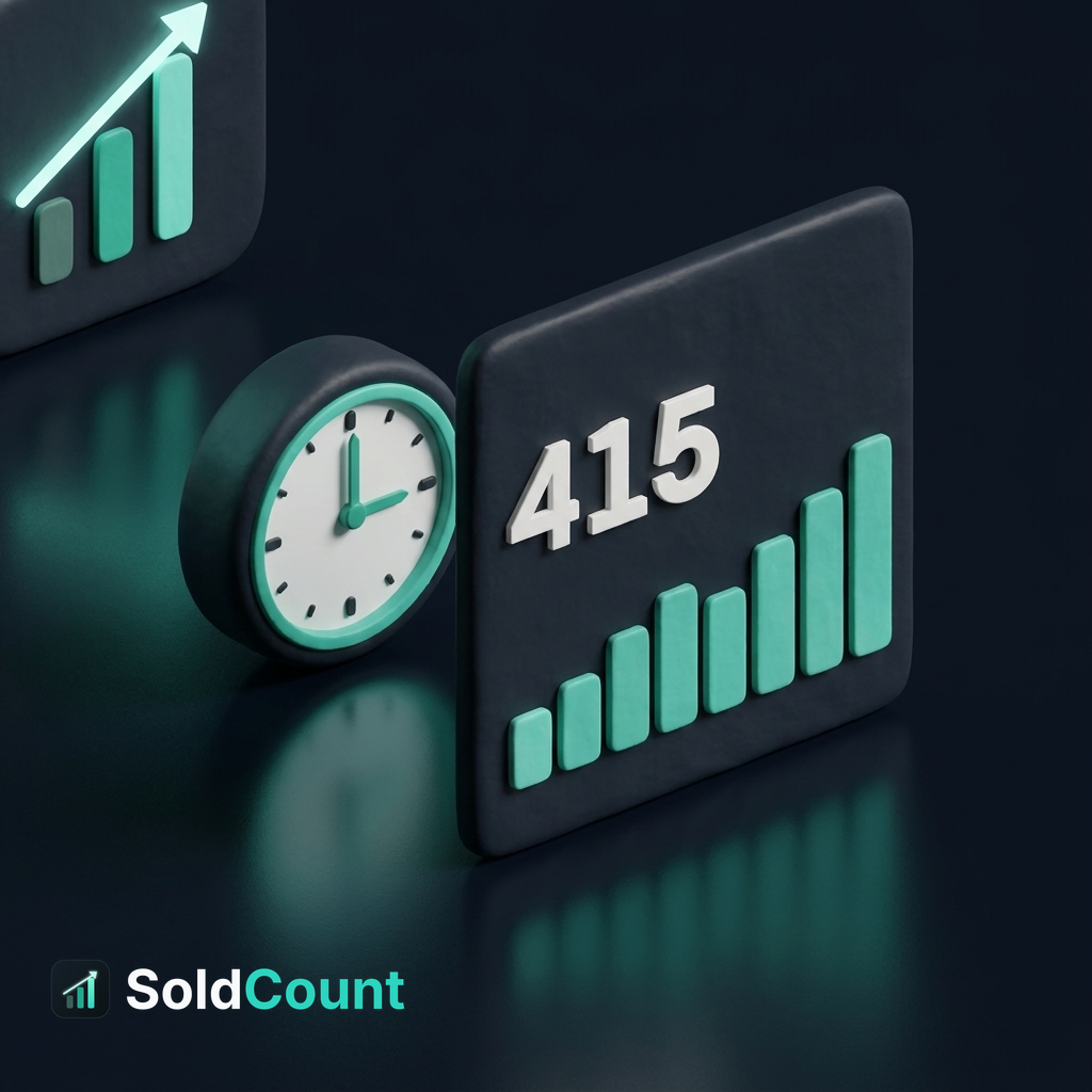 A product card with sales data stands in front of a clock, indicating a decision about timing and inventory.