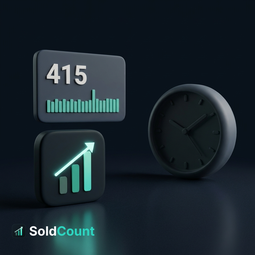 A lit product card with a big number stands next to a dim, separate clock face.