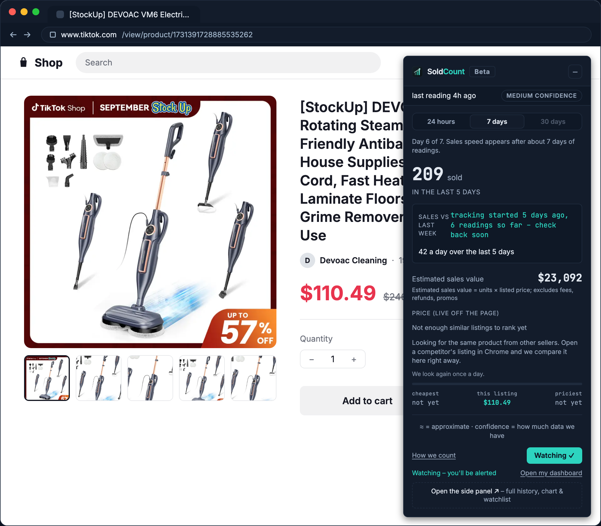 Devoac Cleaning's VM6 steam mop on day 6: the seven day figure is in, the thirty day one is not yet.