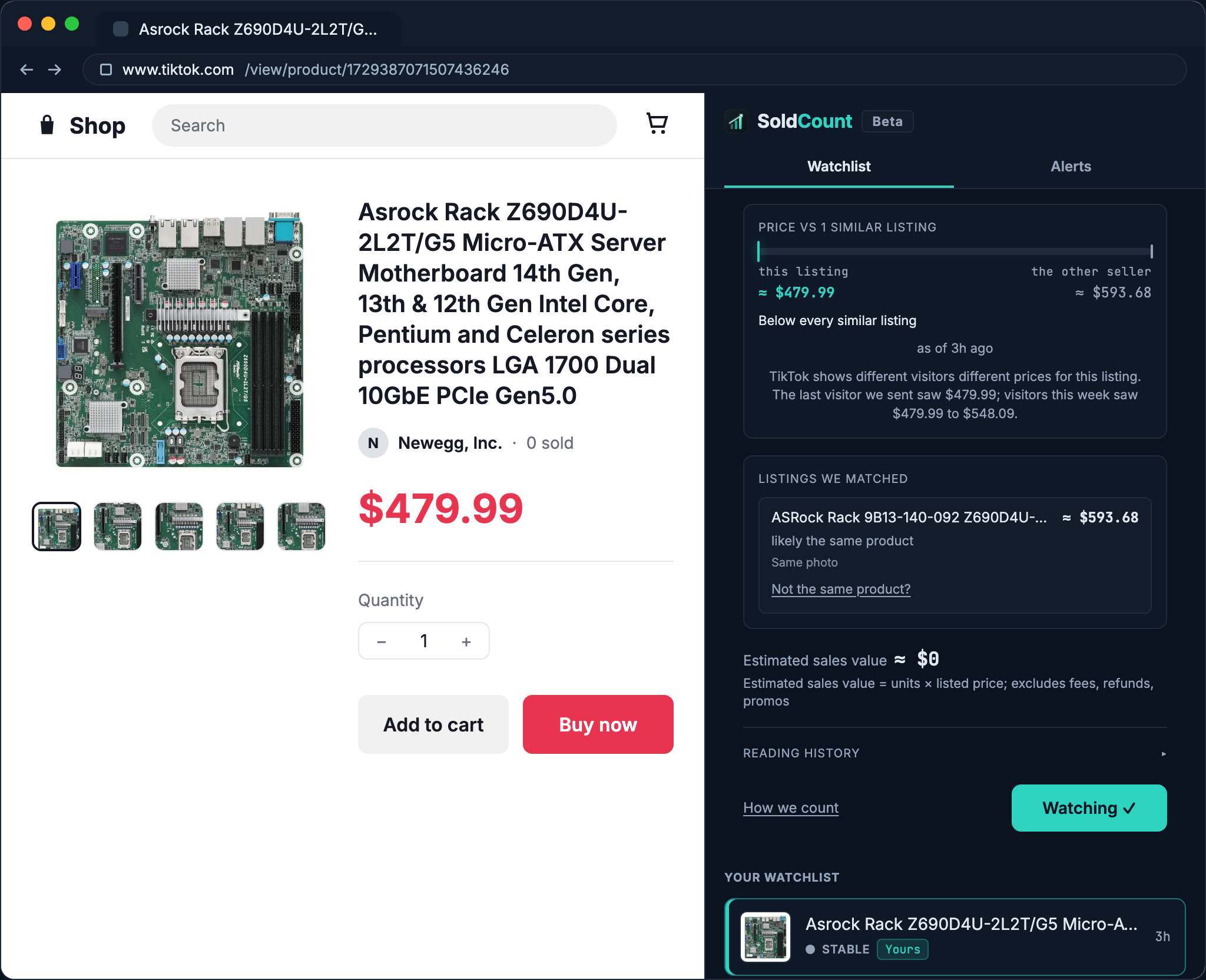 The board: Newegg's listing against UnbeatableSale's, matched as likely the same product.